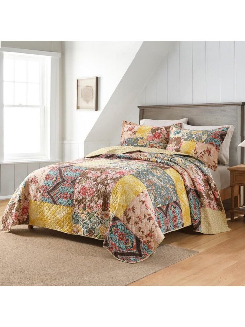 Luxury Vintage Floral Patchwork Quilt - Yellow Cotton Bedspread, King Size